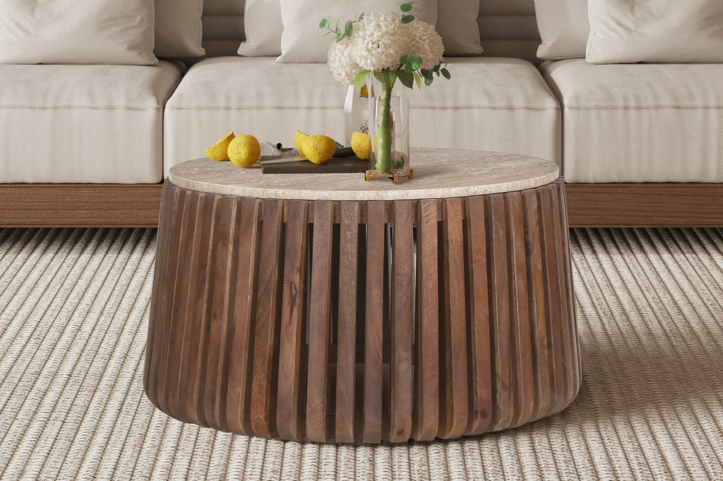 Rousseau Luuk Salontafel – Mango Hout & Travertin – Beige – Ø70 x H40 cm